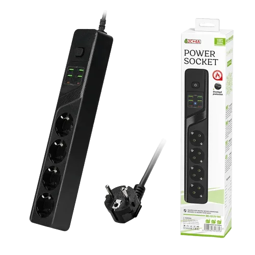 Prelungitor BKL-03 Negru, 4 prize, 4xUSB 5V/4,2A, 2xType-C 4A, 2m, 3000W, protectie suprasarcina, anti-static