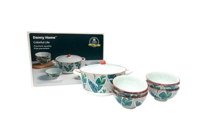 Set supiera si boluri 7 piese, Danny Home, 6 persoane, Portelan, Alb/Verde