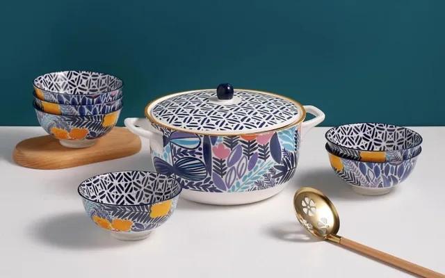 Set supiera si boluri 7 piese, Danny Home, 6 persoane, Portelan, Alb/Albastru