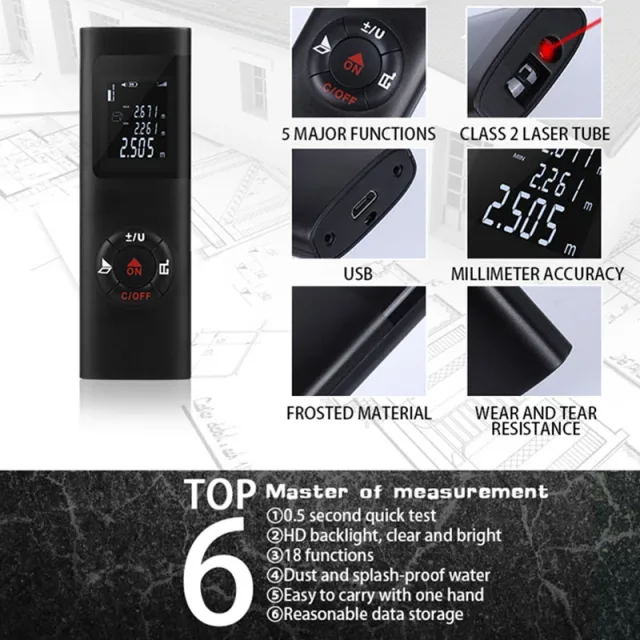 Telemetru, ruleta, Multimetru Mini Digital Smart OMEGA® de 40m, cu Laser, Portabil si cu USB pt Masurat Distanta