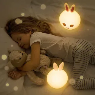 Veilleuse pour enfants, modèle lapin bleu, LED, capteur tactile, 5 modes d'éclairage, silicone, 15,5x10x12 cm, piles