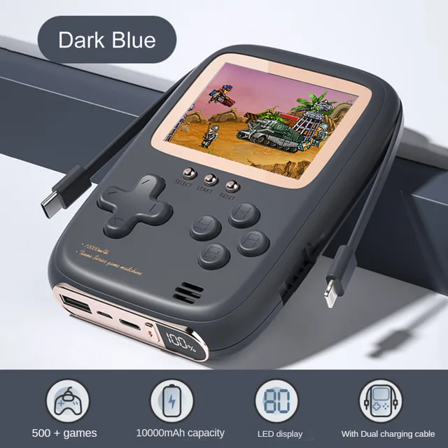 Consola portabila 2 in 1 cu 500 de jocuri, Power Bank 10000 mAh cu fire type C si lightning