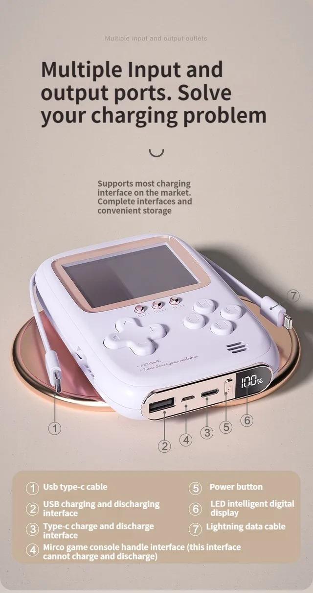 Consola portabila 2 in 1 cu 500 de jocuri, Power Bank 10000 mAh cu fire type C si lightning