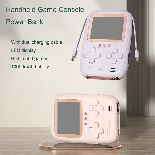 Consola portabila 2 in 1 cu 500 de jocuri, Power Bank 10000 mAh cu fire type C si lightning
