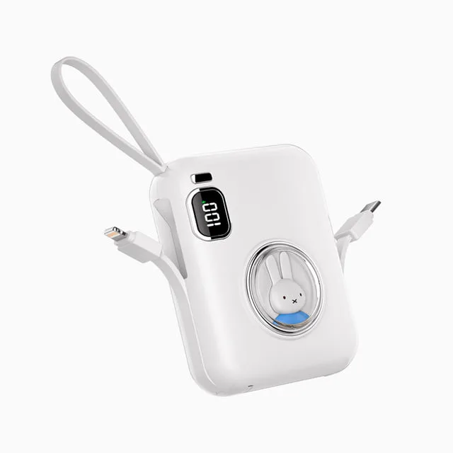 Acumulator extern miffy x Mipow , 10000 mAh, compatibil cu cabluri Type C & Lightning si USB C incorporate, Display LED, Alb
