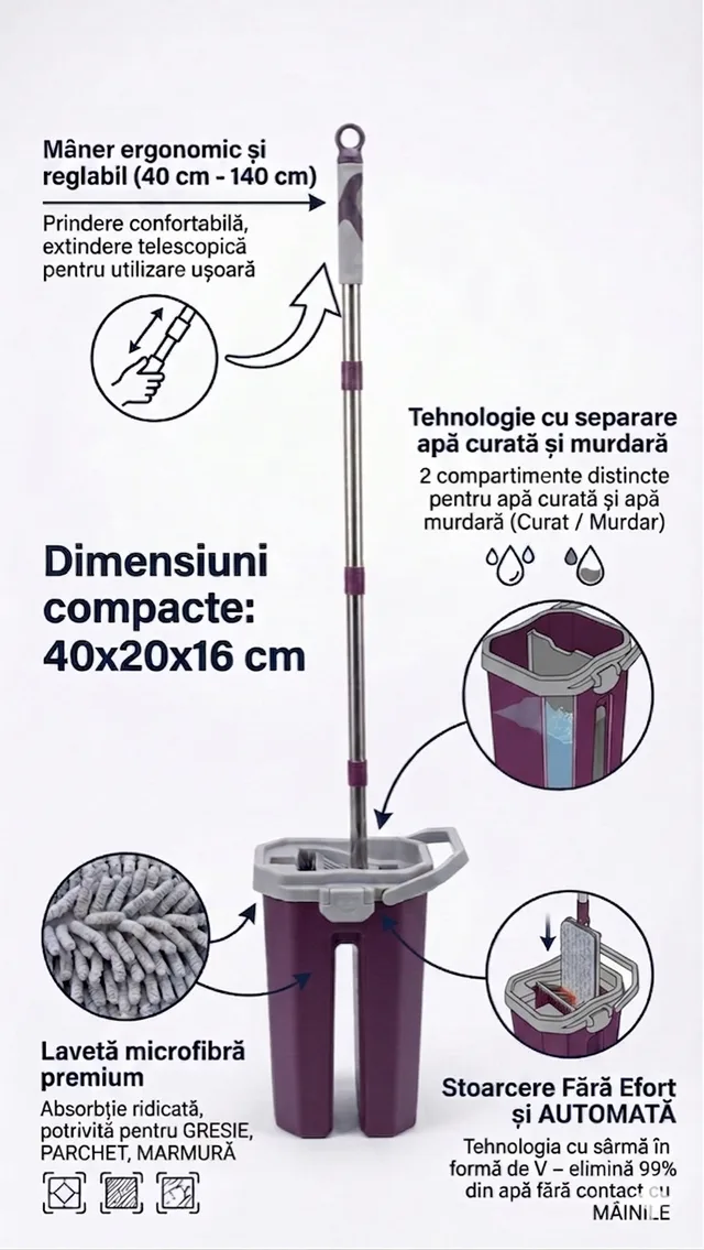 Set mop cu galeata, Mega Mag, microfibra super absorbanta, 40x20x16cm