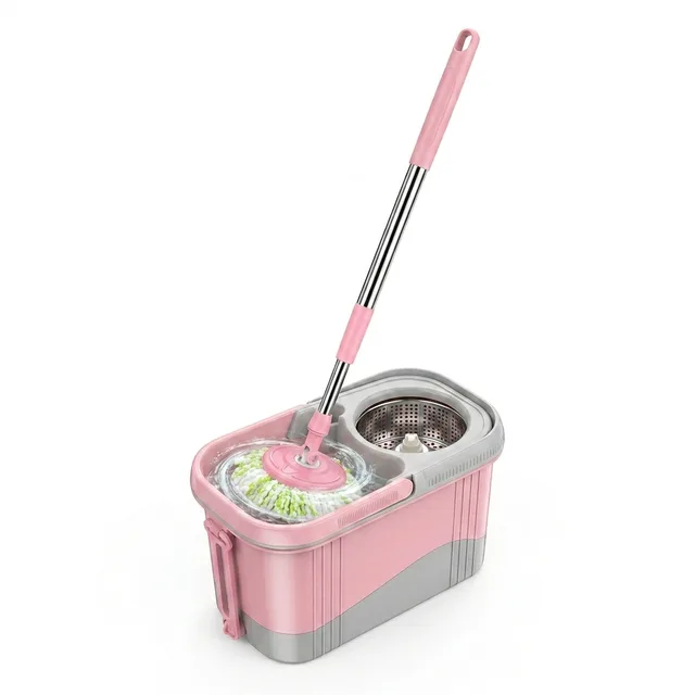 Set Mop Rotativ cu Găleată , Sistem de Stoarcere 360°, Coș din Inox și Mâner Telescopic
