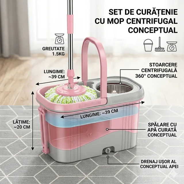 Set Mop Rotativ cu Găleată , Sistem de Stoarcere 360°, Coș din Inox și Mâner Telescopic