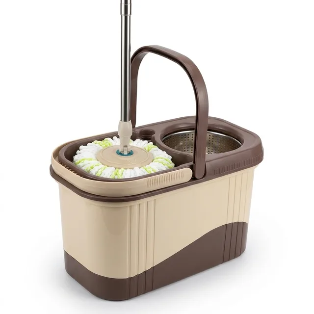 Set Mop Rotativ cu Găleată , Sistem de Stoarcere 360°, Coș din Inox și Mâner Telescopic