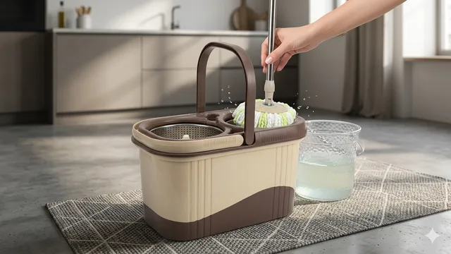 Set Mop Rotativ cu Găleată , Sistem de Stoarcere 360°, Coș din Inox și Mâner Telescopic