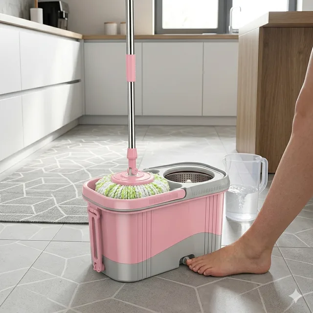 Set Mop Rotativ cu Găleată , Sistem de Stoarcere 360°, Coș din Inox și Mâner Telescopic