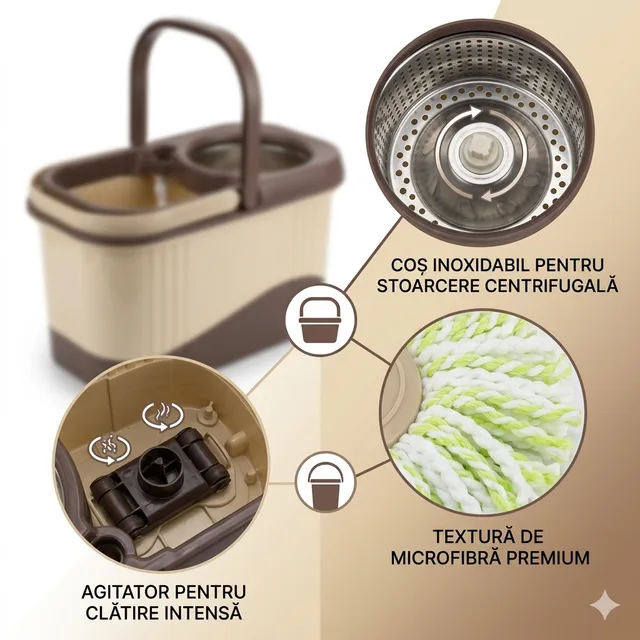 Set Mop Rotativ cu Găleată , Sistem de Stoarcere 360°, Coș din Inox și Mâner Telescopic
