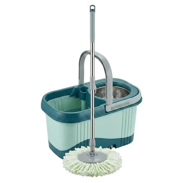 Set Mop Rotativ cu Găleată , Sistem de Stoarcere 360°, Coș din Inox și Mâner Telescopic