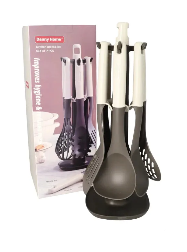 Set 7 ustensile Danny Home bucatarie, Nylon/Plastic, Suport 360, Antiaderente, Termorezistente, ALB