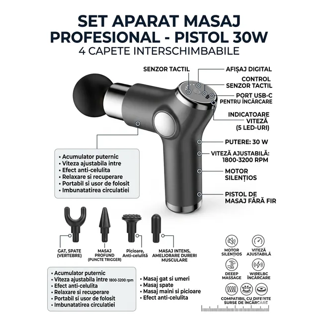 Aparat de Masaj Tip Pistol, 30W, 4 Capete, Negru/Argintiu, 142x56x140mm