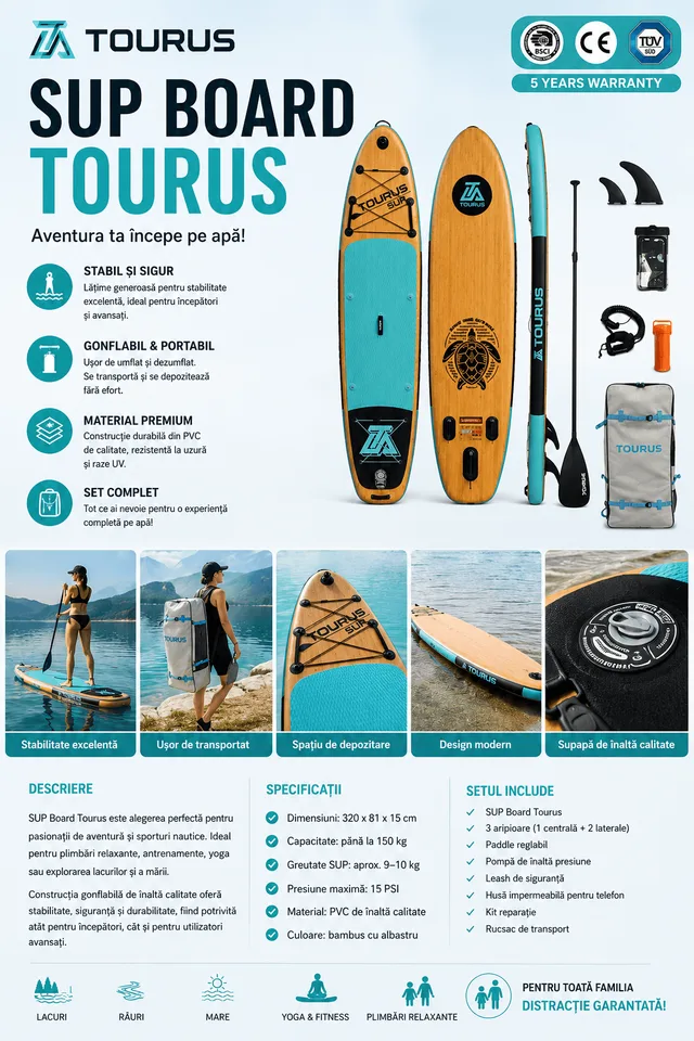 SUP Board Gonflabil TOURUS 320x81x15 cm, Set Complet cu Paddle, Pompa, Rucsac și Accesorii, Capacitate 150 kg, Design Premium Bamboo