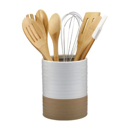 Set of 7 kitchen utensils, Wood/Silicone, Ceramic support, Non-stick, Heat-resistant, Beige
