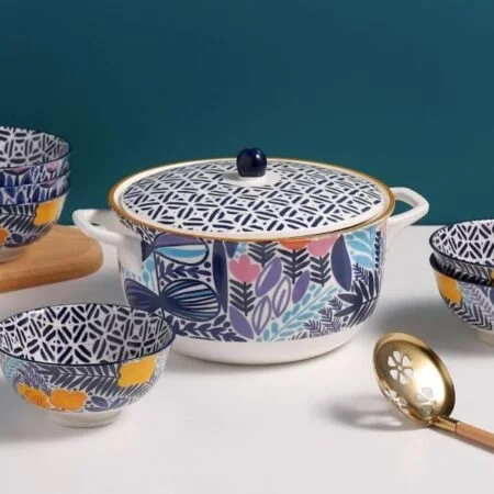 Tafel- und Schüsselset 7-teilig, Danny Home, 6 Personen, Porzellan, Weiß/Blau