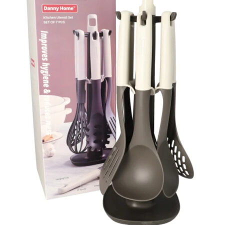 Set 7 ustensile Danny Home bucatarie, Nylon/Plastic, Suport 360, Antiaderente, Termorezistente, ALB