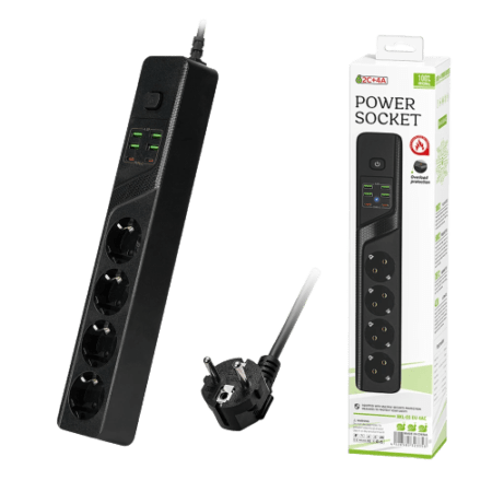 Prelungitor BKL-03 Negru, 4 prize, 4xUSB 5V/4,2A, 2xType-C 4A, 2m, 3000W, protectie suprasarcina, anti-static