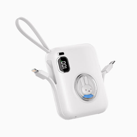 Acumulator extern miffy x Mipow , 10000 mAh, compatibil cu cabluri Type C & Lightning si USB C incorporate, Display LED, Alb