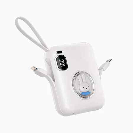 Acumulator extern miffy x Mipow , 10000 mAh, compatibil cu cabluri Type C & Lightning si USB C incorporate, Display LED, Alb
