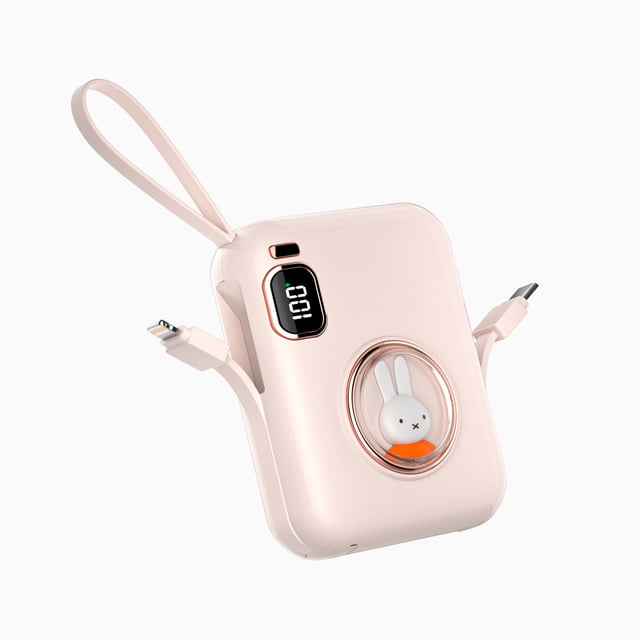 Acumulator extern miffy x Mipow , 10000 mAh, compatibil cu cabluri Type C & Lightning si USB C incorporate, Display LED, Roz