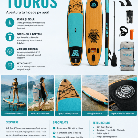 SUP Board Gonflabil TOURUS 320x81x15 cm, Set Complet cu Paddle, Pompa, Rucsac și Accesorii, Capacitate 150 kg, Design Premium Bamboo
